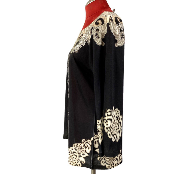 Chico’s Sz 1 (M-8) Casual Tunic Top Black Beige Rhinestone Embellished Neckline - Picture 4 of 7